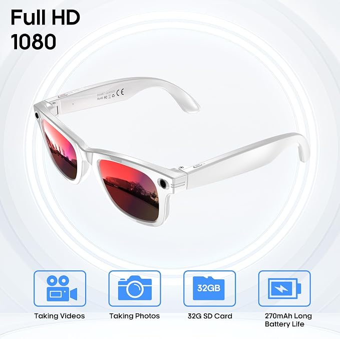 AI Smart Camera Glasses for Men Women, 4K Photography,1080P HD Video Recording,Real-Time Translation, Open-Ear Audio,Voice Assistant, Lightweight (White Frame-Red Lens)