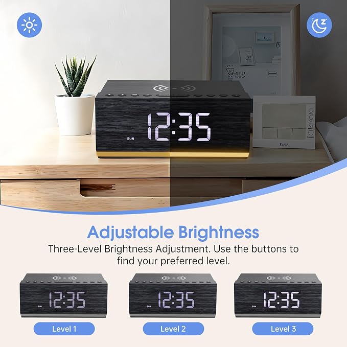 Hoifen Wooden Digital Alarm Clock with Wireless Charging, Bluetooth Speaker & FM Radio, Dual Alarms, Night Light, Dimmable Display, USB Port, 9-Min Snooze – Bedside Clock Home Decor Gift (Black)