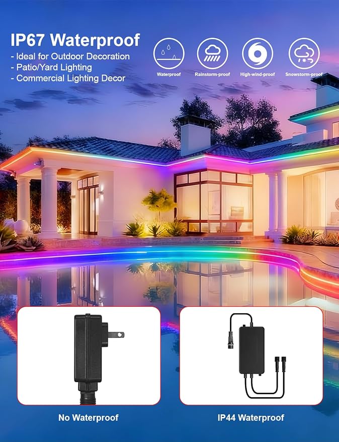 20ft/6m COB LED Strip Lights, RGB Smart IC, IP67 Waterproof, Dimmable , Color Flowing Tape Light with App Control & Music Sync, Dotless LED Light for Outdoor, Patio, christmas & Party Decorations