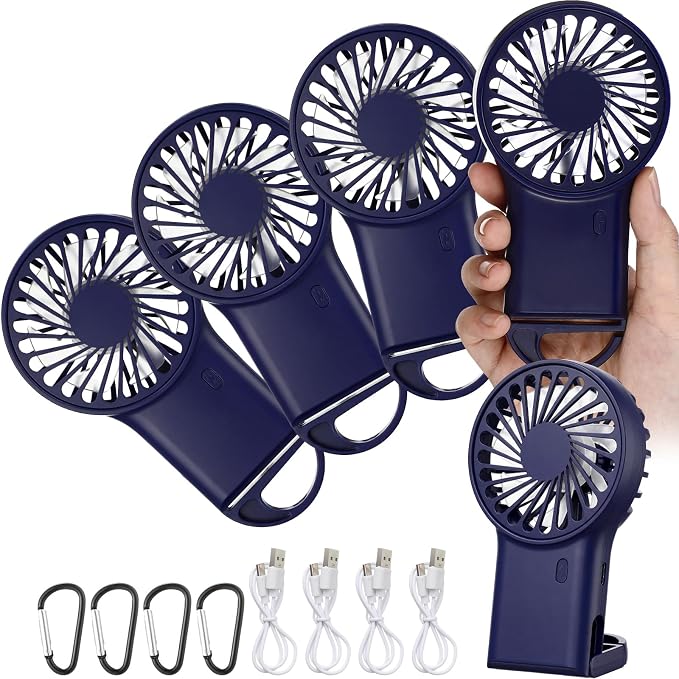 VIHOSE 4 Pcs Portable Hanging Fan, 3 Speeds Personal Rechargeable Desk Hand Held Small Fan with D Metal Hook for Cooling Small Personal Hands Outdoor Travel (Dark Blue)