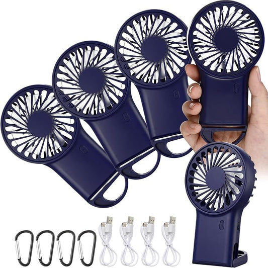 VIHOSE 4 Pcs Portable Hanging Fan, 3 Speeds Personal Rechargeable Desk Hand Held Small Fan with D Metal Hook for Cooling Small Personal Hands Outdoor Travel (Dark Blue)