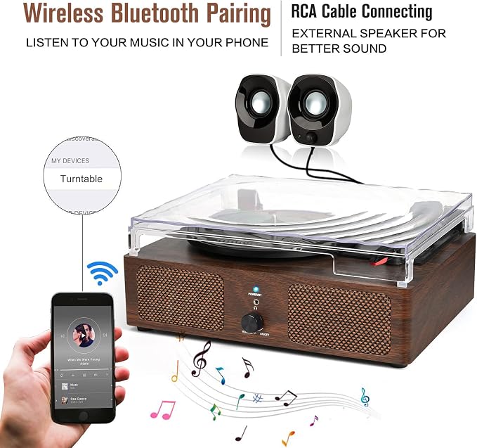 Vinyl Record Player with Built-in Speakers and USB,Belt-Driven Bluetooth Turntable with 3 Speed AUX Input Headphone Jack and RCA Output Vintage Wooden Coffee