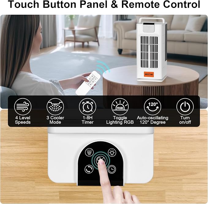 WESTTREE 2000ML Misting Tower Fan Air Conditioner Fan,3 Level Humidify & 4 Speeds, 7 RGB Color Night Lights,Desk Portable Air Conditioners for Bedroom Home Misting Fan F10 white-FU