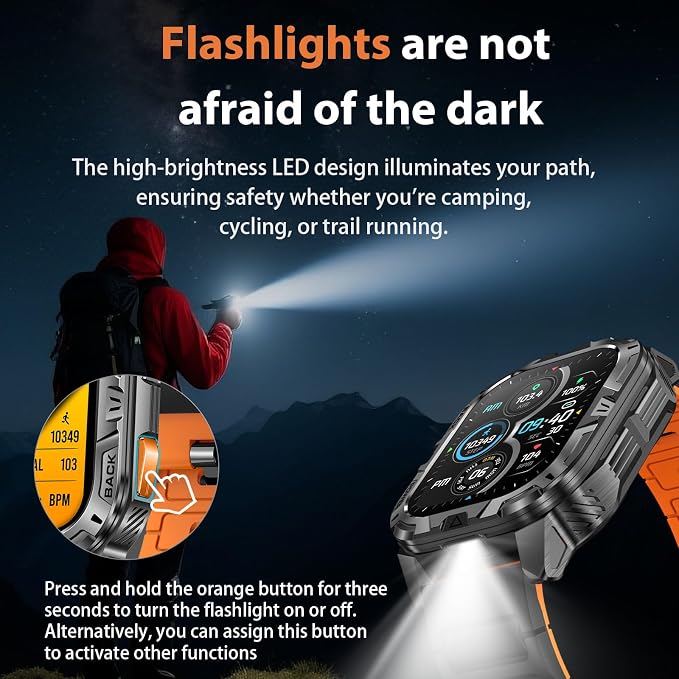 MIDDOW Military Smart Watch for Men (Answer/Make Calls), 2.01" Fitness Tracker with Flashlight/60 Days Battery/Heart Rate/Sleep Monitor/IP68 Waterproof/100+ Sports Modes for Android iOS (2 Bands)