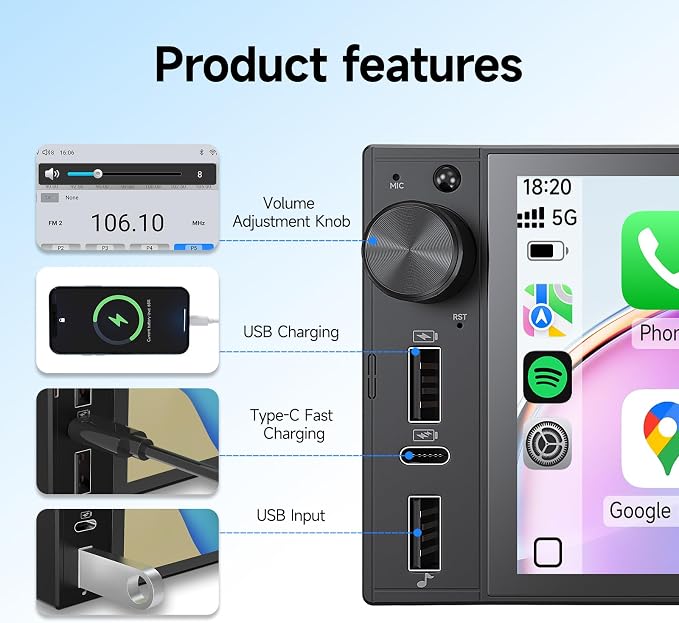 Single Din Car Stereo, 6 Inch Touchscreen Radio with CarPlay & Android Auto | Bluetooth, Mirror Link, Backup Camera, USB&Type-C, FM, SWC, EQ, Full Lamination Screen, Volume Knob