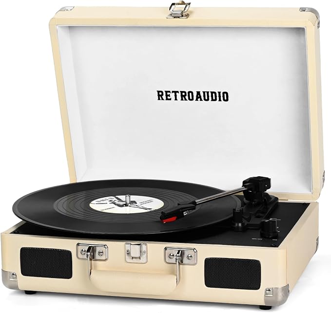 Vinyl Record Player with Built-in Speakers 3-Speed Vintage Record Player Bluetooth Portable Suitcase Turntable Belt-Driven LP Player Support RCA Output and Headphone Output (Creamy White)