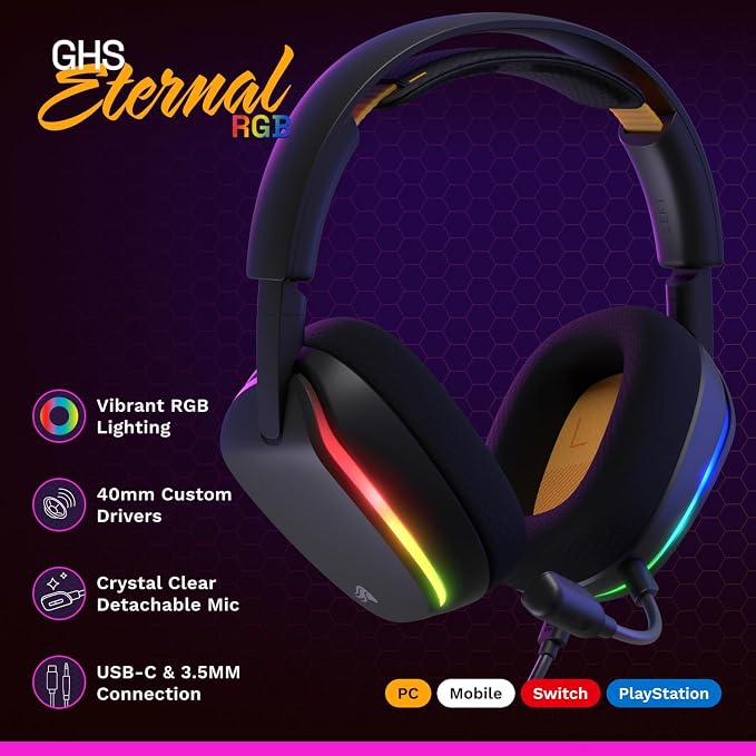 GLORIOUS GHS Eternal RGB - Stereo RGB Gaming Headset for PC, PS5, PS4, Switch - Custom Tuned Angled Drivers, Adjustable Crystal Clear Detachable Mic, USB-C - Durable, All Day/Night Comfort - Black