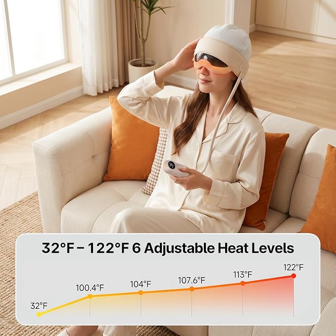 Head and Eye Massager 2 in 1 Electric Head Massager 6 Zone Kneading 6 Level Heat Remote Controller Rechargeable Portable View Window for Migraine Tension Headache Eye Strain Relief GIF