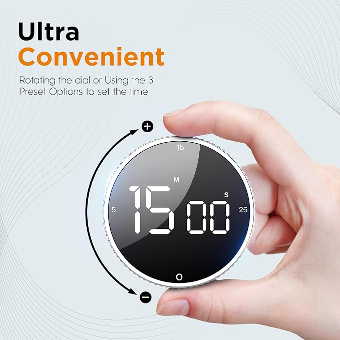 Digital Kitchen Timer - Magnetic Countdown Count Up Clock with Large LED Display, 5/15/25 Min Presets, 3 Volume Levels, Rotary Dial for Cooking, Productivity, Classroom, Fitness (2, Silver)
