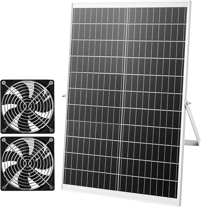 VEVOR Solar Powered Fan, 30W Solar Panel with 2 Fans, Adjustable Solar Panel Angle, 2668 RPM High-Speed, Flexible Installation, Fast Air Exchange for Greenhouse, Grow Tents, Chicken Coops, Shelters