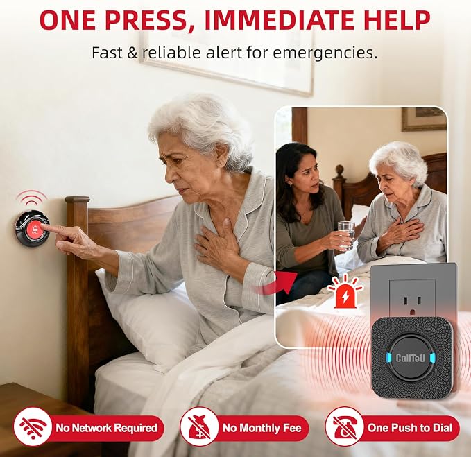 CallToU Caregiver Pager Wireless Call Button for Elderly at Home, 500+ ft Open Area Long Range Through Walls, 2 Plug-in Receivers and 4 Waterproof SOS Buttons, Multi-Room Care