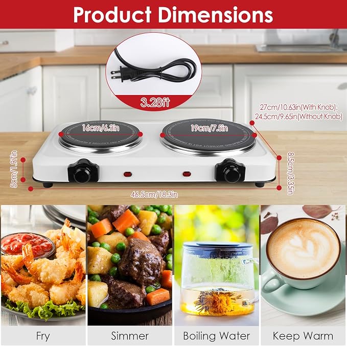 KOCASO 1800W Dual Infrared Burner Hot Plate, 7.5" & 6.3" Glass Cooktop, Stepless Temp Control 302°F-1022°F, Portable Electric Stove for Home, RV, Camping, Dorms