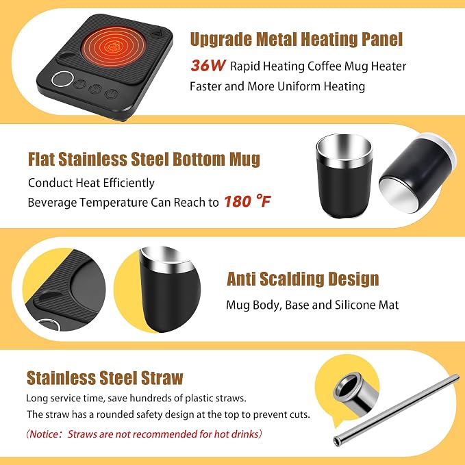 Coffee Mug Warmer Plate 13oz Cup and stainless steel straw, 36W Electric Smart Cup Mug Heater, 6-Temp Settings, 12H Timer, Gifts for Women and Men,Warming and Heating Coffee,Beverage,Candles,Tea,Cocoa