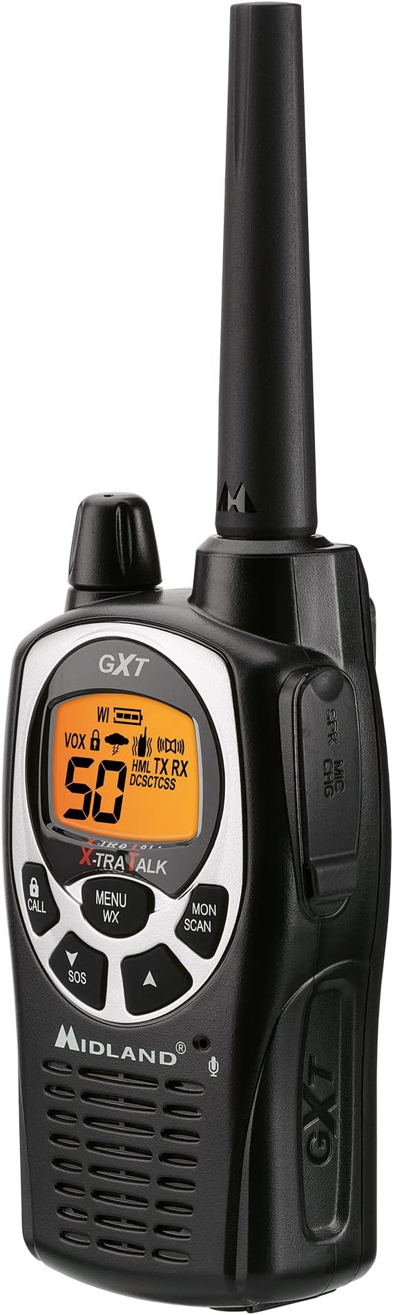 Midland GXT1000VP4 GMRS Two-Way Radio (50 Channel, Long Range, 142 Privacy Codes, SOS, NOAA, Rechargeable Nickel Battery, Black/Silver 2-Pack)