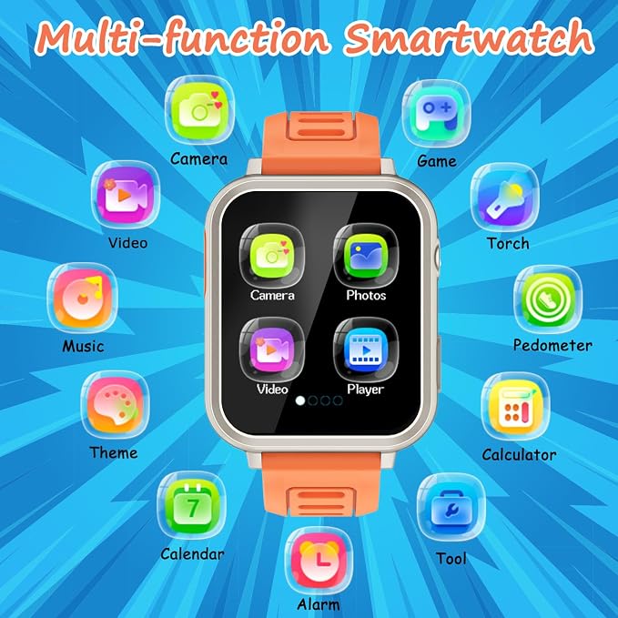 Wiszodet Kids Smart Game Watch with 24 Games HD Touch Screen Video Camera Music Player Pedometer Flashlight Alarm Clock 12/24 hr, Gifts for 5-12 Year Olds Boys Orange