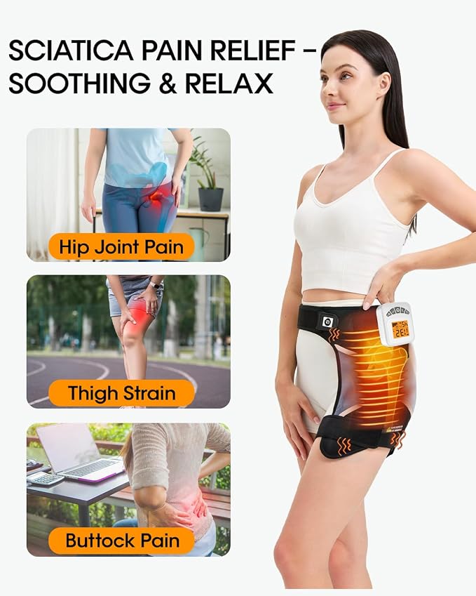 Cordless Hip Heating Pad for Sciatica Pain Relief - Rechargeable & Adjustable Size Hip Massager with 3-Level Vibration Massage, 104-140℉ Heated Hip Brace for Sciatica, Arthritis and Muscle Soothing