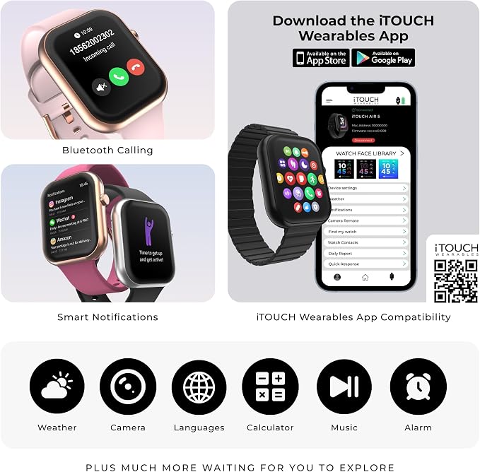 iTouch AIR 5 Smartwatch, 1.85" AMOLED Display, Bluetooth Calling, 100+ Sports Modes, Heart Rate, SpO2, Sleep & Stress Tracking, Water Resistant, 7-Day Battery Life, for Android & iPhone