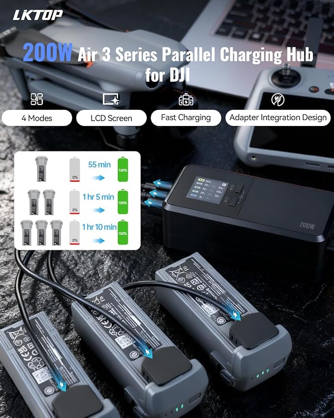 LKTOP 200W Air 3/Air 3S Parallel Charging Hub Fast Battey Charger Kit for DJI/Specta Air3 Series Drone Accessories, 60% Storage/Silent/Output Mode, LCD Screen Display (Charge 3 Batteries: 1hr 10min)