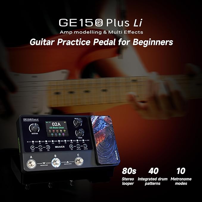 MOOER GE150 Plus Li Portable Multi Effects Pedal Battery-Powered Looper Three Footswitches Drum Machine with Expression, IR Loader, Preamp Pedal for Guitar and Bass
