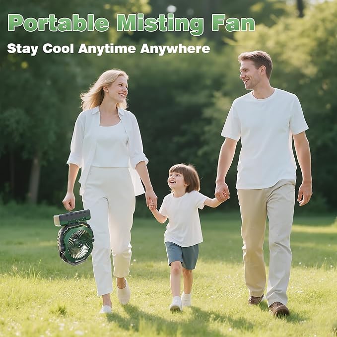 460ml Tank Portable Misting Fan,36000mAh Rechargeable Battery Powered Camping Fan with 4 Speeds,3 Timers,2 Light Modes,Jobsite Beach Summer Essentials,Mist Fan for Indoor Outdoor Patios Travel,Green