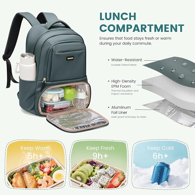 GOLF SUPAGS Lunch Backpack 16 Inch Laptop Backpack with Insulated Cooler Lunch Box Food Bag for College Work Camping Picnics (Atrovirens)
