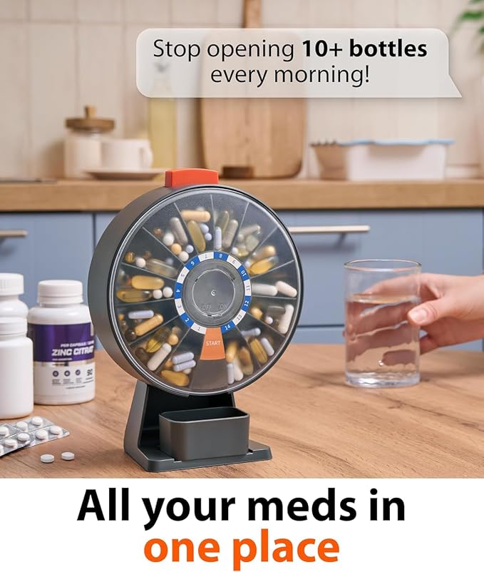 Pill Dispenser 14 Day – Rotating Medicine Organizer Wheel with Push Button, Wall Mounted or Desktop Manual Pill Dispenser for Elderly & Seniors, Large Capacity Vitamin & Medication Organizer