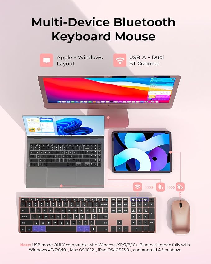 seenda Wireless Bluetooth Keyboard and Mouse Combo, SKM64-3 Rechargeable Slim Quiet Keyboard Mouse, 3 Multi-Device Connection, Compatible for Windows 11/10 PC Laptop Mac MacBook iPad, Black Rose Gold