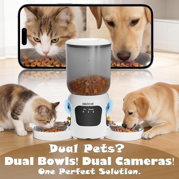 Automatic Cat Feeder for 2 Cats with Camera, Smart Cat Food Dispenser with Dual-Lens Wide-Angle View & Independent Double Bowls, Timed Dog Feeder with App Control, 10s Voice Recorder, 6L