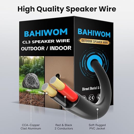10 Gauge Speaker Wire 300 Feet CL3 Related CCA Black Cable with 2 Conductors for Outdoor Direct Burial Backyard Garden Home Car in-Wall Speaker