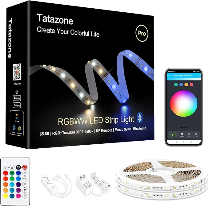 Tatazone RGBWW Bluetooth LED Strip Lights, 65.6ft Tunable White 3000K to 6500K+RGB Led Light Strips, Music Sync Color Changing Indoor LED Rope Lights for Cabinet, Bedroom,2 Roll of 32.8ft