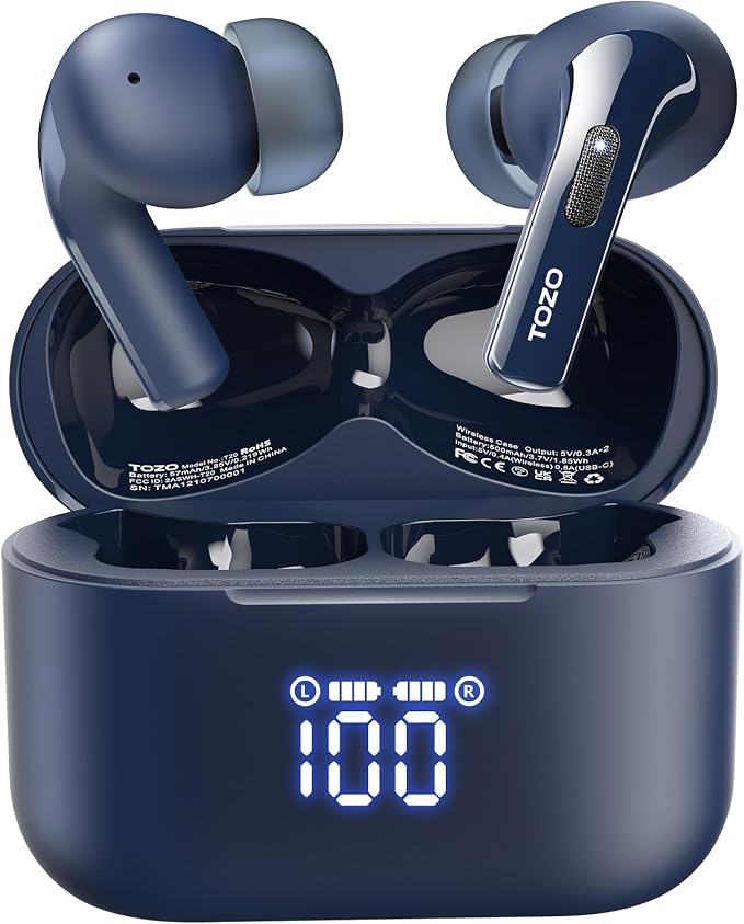 TOZO T20 Wireless Earbuds, Bluetooth 5.3 Headphones with 97H Playtime, IPX8 Waterproof, Dual Mic ENC Call Noise Cancelling, Deep Bass Sound, LED Display, Wireless Charging Case