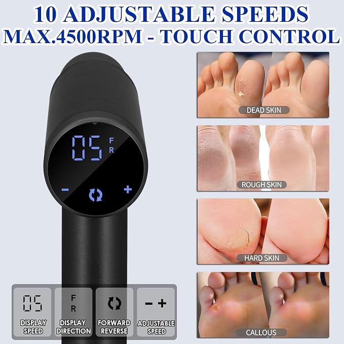 Upgraded Electric Callus Remover for Feet 4500rpm, 10 Adjustable Speeds, Professional Electric Foot Callus Remover Foot Sander Pedicure File with 2 Replaceable Heads and Sandpaper Discs