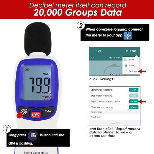 Decibel Meter Wireless Sound Decibel Meter with App Data Logging Bluetooth Portable Sound Level Meter 30~130dBA High Accuracy SPL Meter for Classroom, Office, Home and etc.
