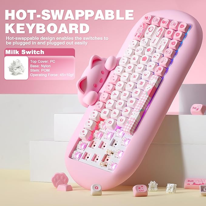 YUNZII C68 Wireless Mechanical Keyboard,65% Layout,Hot Swap,Triple Mode BT5.0/2.4G/Wired, RGB Backlit NKRO,Cute Cat Silicone Ergonomic Design for Win/Mac (Pink, Milk Switch)