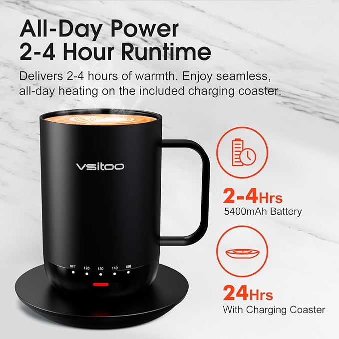 VSITOO S3 Pro 16oz Smart Self Heating Coffee Mug, Heated Coffee Mug with AI Auto-Sensing Temperature Control, 120-150℉ Rechargeable Smart Mug Warmer, IPX7 Waterproof, Gift for Men Women, Black