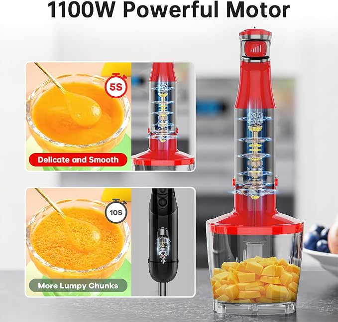 Turelar Immersion Blender Handheld Corded Hand Blenders Set 1100W, Trigger Variable Speed 5 in 1 Stick Emulsifier with Chopper, Whisk and Frother for Soup, Baby Food and Smoothies, Christmas red