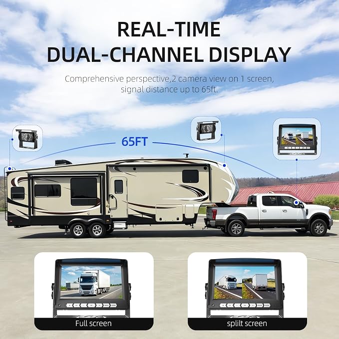 7'' Dual Camera Backup Systems with DVR Recording, IP69 Waterproof Front & Rear View Camera, Loop Recording, Split Screen, 12V-24V
