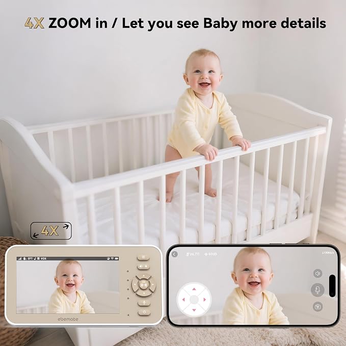 ebemate Video Baby Monitor with Camera and Audio, 5" IPS Screen, 30H Battery, Hybrid WiFi and No WiFi Connection, Pan-Tilt-Zoom, Night Vision, 2-Way Talk, 1500ft, for New Parents/Elderly EBE50P