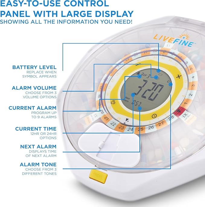 LiveFine Bluetooth Automatic Pill Dispenser, 28-Day Capacity, Sound & Light Alerts, Key Lock, LCD & Easy Setup on the LiveFine App for Prescriptions, Medications, Vitamins & Supplements - Frosted Lid