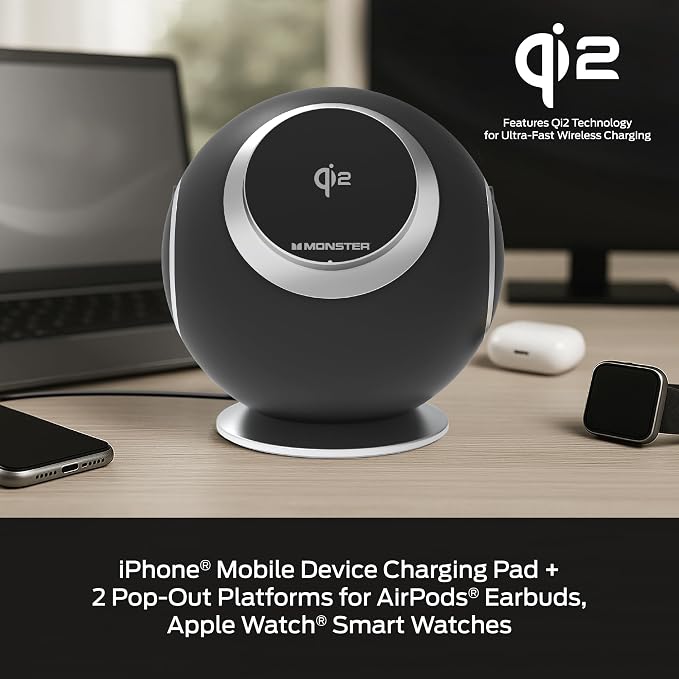 Monster 10 in 1 Charging Station, Includes 3 AC Outlets, 2 USB-A Ports, 2 USB-C PD Ports (65W Max), 3 Wireless Chargers Compatible with Qi Compatible Phones (15W), Apple Watch (5W), Air Pods (2.5W)
