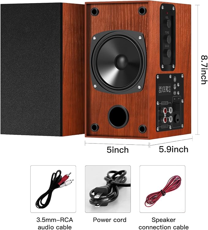 Elimavi Powered Bookshelf Speakers, 30W X 2 Turntable Speakers with 4 Inch Woofer, Record Player Speakers with AUX Input for PC and TVs,Wood Grain Color for Wall Mounting