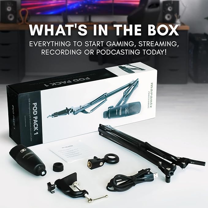 Marantz Professional Pod Pack 1 USB Condenser Microphone Kit for Gaming, Streaming and Podcasting with Built-In Audio Interface, Adjustable Boom Arm and Desk Clamp, Plug-and-Play