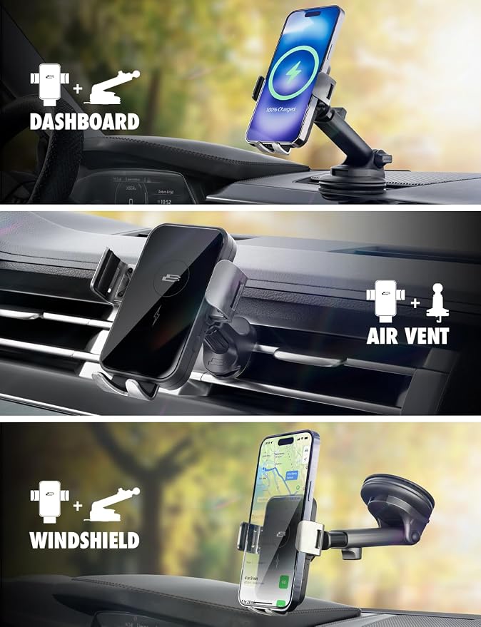 Bracketron PwrUp 15W Qi Fast Wireless Car Charger Mount – Dashboard, Windshield & Air Vent Phone Holder with Automatic Clamping, USB-C Cable, and Telescoping Arm
