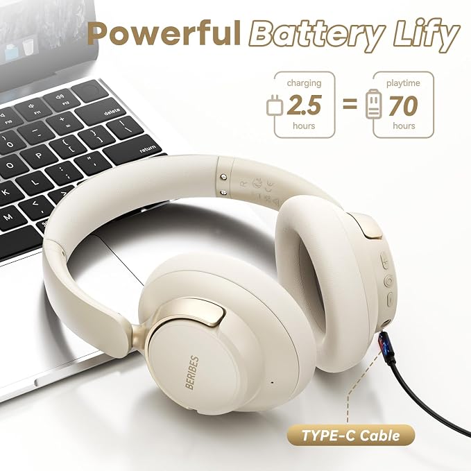 BERIBES Upgraded Hybrid Active Noise Cancelling Headphones with Transparent Modes, 70H Playtime Wireless Bluetooth Headphones with Mic (Beige)