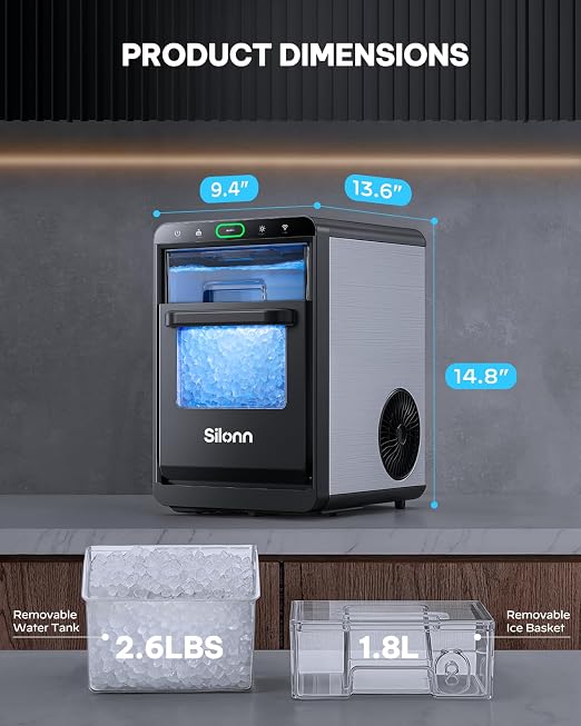 Silonn Nugget Ice Maker Countertop with WiFi Function - 44lbs/24h Crushed Ice Machine, Front Pull-Out Water Tank & Removable Basket, Stainless Steel Finish for Home Kitchen