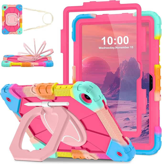 WESOROL Case for Galaxy Tab A11 Plus/A9 Plus 11 Inch,Shockproof Cover for Samsung Tablet A11+/A9+ Case with Screen Protector 360 Rotating Stand Pencil Holder Shoulder Strap,Colorful Pink
