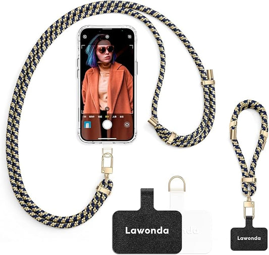 2 Pads Phone Lanyard Adjustable Crossbody Cell Phone Neck Strap Universal Mobile Phone Wrist Lanyard + 2pcs Patch Tether Tab for Travel Essentials Mix Blue&Beige