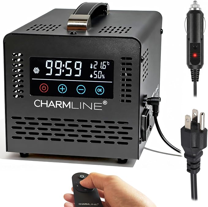 Charmline 2-in-1 Smart Ozone Generator with Remote Control, Powered by AC or 12V Car Cigarette Lighter, Odor Eliminator for Car, Room & Basement, 60,000 mg/h, Black