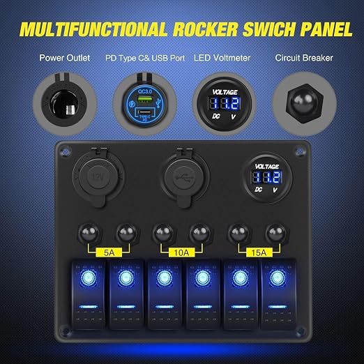 Nilight 6 Gang Rocker Switch Panel Waterproof Pre-Wired Aluminum Panels with PD Type C and USB Cigarette Lighter Socket Voltmeter 12V 24V ON Off Switches for Car Trucks Boats RVs