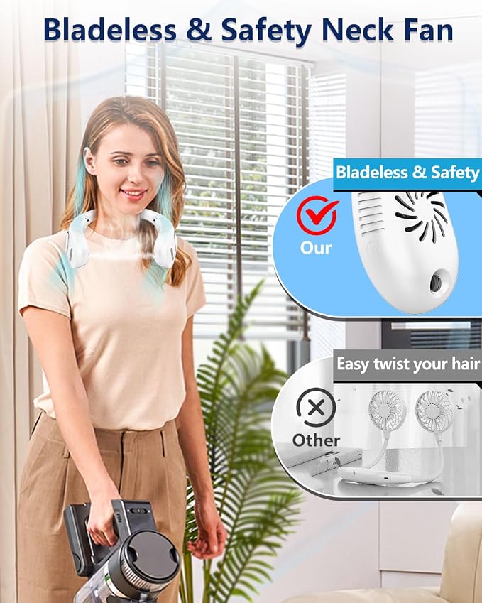 Neck Fan that Blow Cold Air with Mist, 5 Speeds USB-C Rechargeable 4000mAh Battery, Folding Personal Mister with LED Display, Bladeless Wearable Neck Air for Kids Women Men Outside Sports Work, White